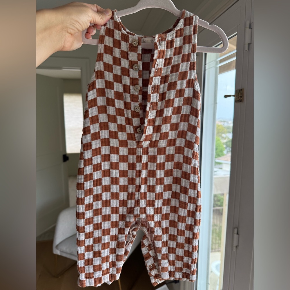 Rylee + Cru Tan and Cream Checkered Romper